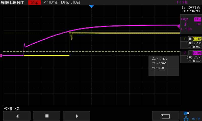 Pickering 68-series relay bounce time during a cold switch, oscilloscope zoom-out view