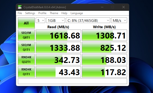 CrystalDiskMark performance of 250 GB Kingston NV1 series SSD running on LattePanda 3 Delta