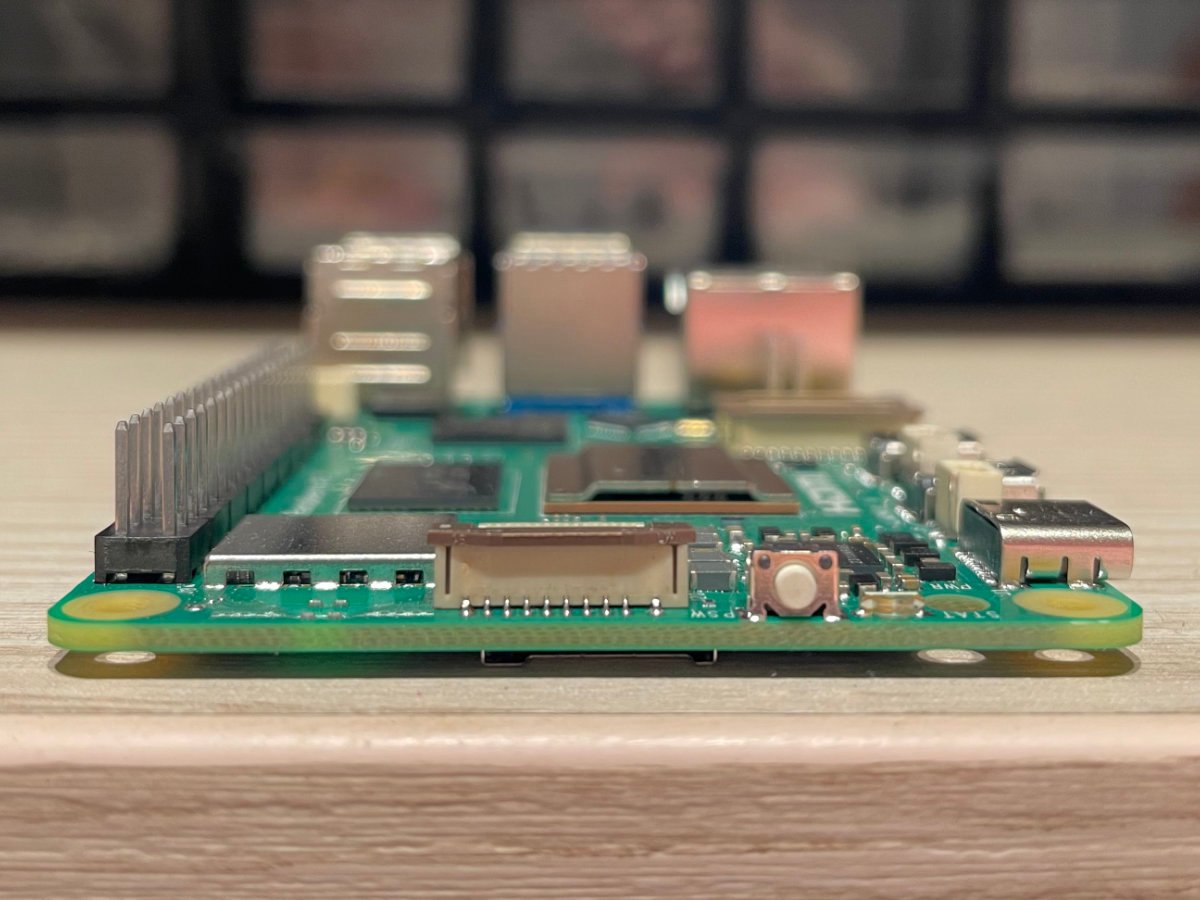 A shot of the Raspberry Pi 5 board from the back, showing off the new PCIe interface and the power button.