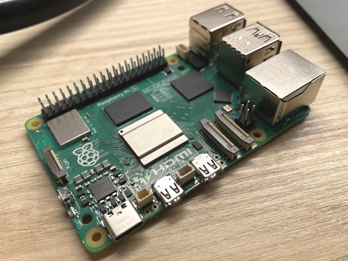 A photo of the Raspberry Pi 5, showing its interfaces, as well as components.