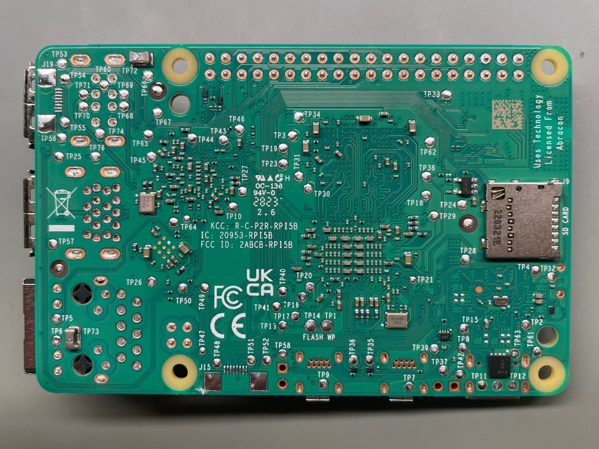 The Raspberry Pi 5 photographed from the bottom side.