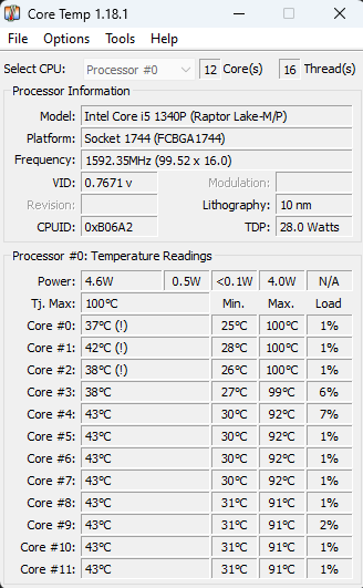 A screenshot showing high core temperatures after one of the y-cruncher stress test runs.