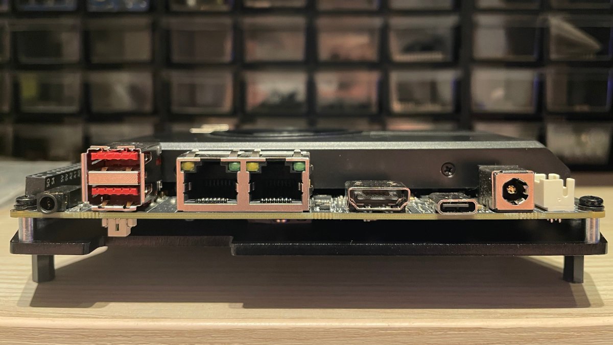 Most of the main IO is visible in this photo, including the USB ports, two Ethernet ports, the HDMI port and the Thunderbolt 4 port.