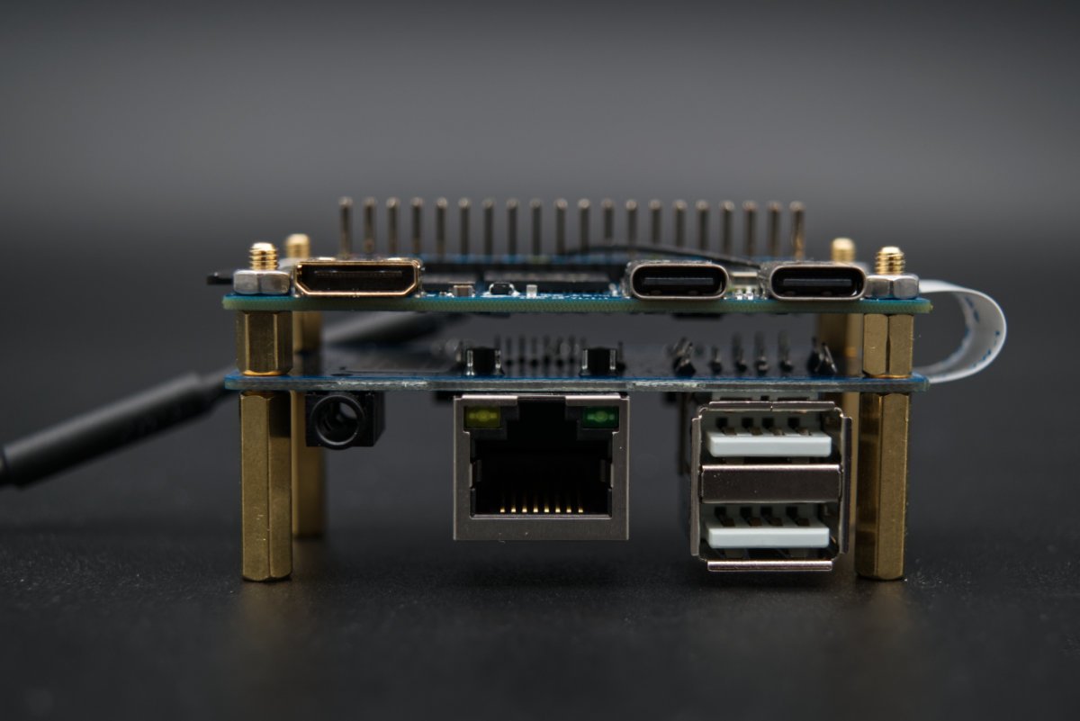 A side-profile of the Orange Pi SBC, showing all of its ports - two USB-C, one Micro HDMI, two USB-A, one Ethernet and one 3.5mm headphone out.