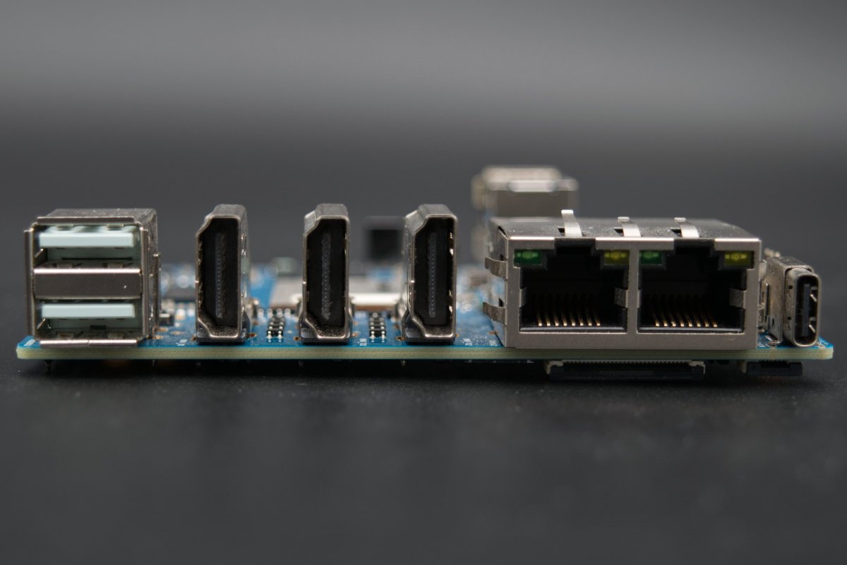 A side shot of the PCB, showing USB 2.0, HDMI, Ethernet and USB-C ports.