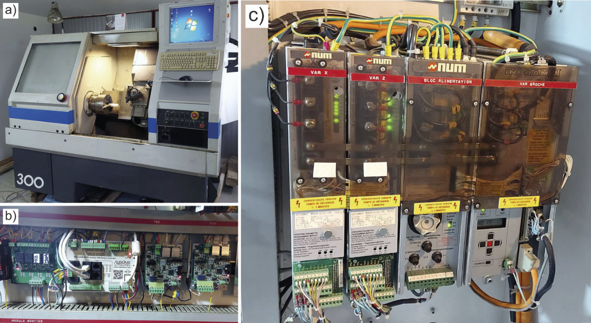 Modernizacija CNC struga, a) izgled CNC struga nakon modernizacije, b) ugrađeni servo drajveri DCS-100-A i c) originalni servo pojačavači