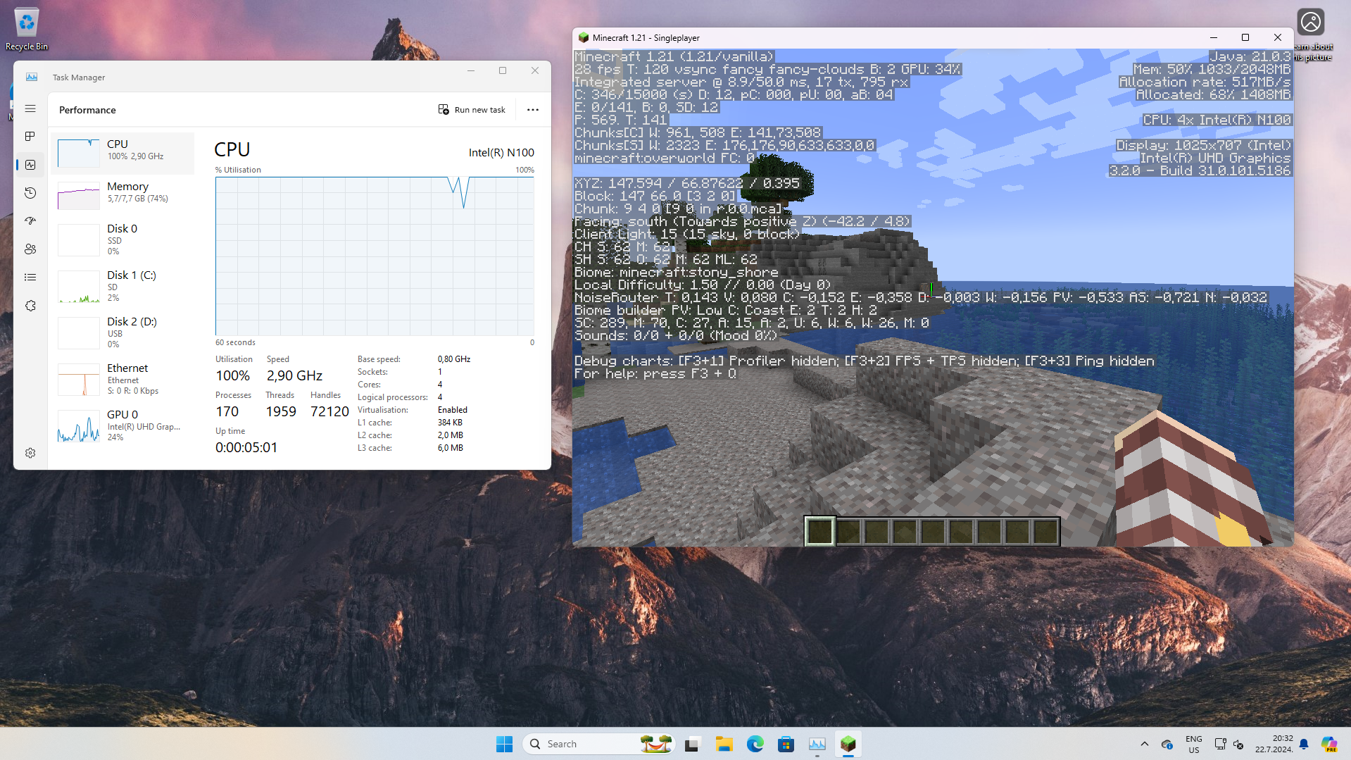 A screenshot showing an instance of Windows Task Manager open, with Minecraft running. Importantly, it shows the CPU maxing out at 100%, while the GPU gets bottlenecked. The game shows a 28 FPS framerate.