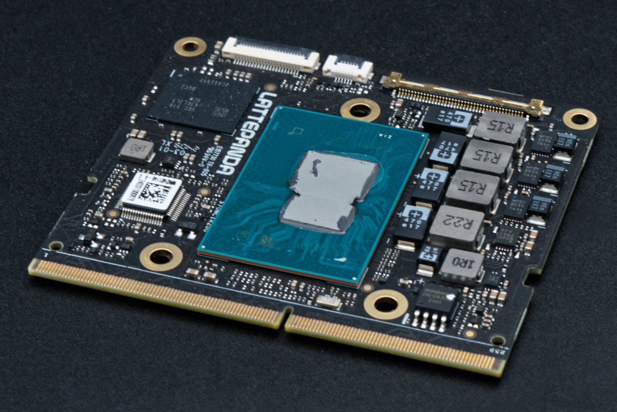 A close-up shot of the LattePanda Mu module itself, showing the Intel Processor N100 CPU and all of the main components and the edge connector.