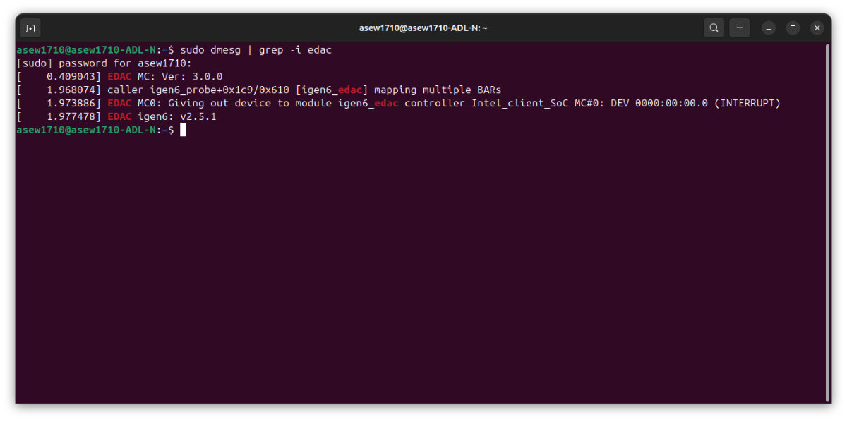 A screenshot of the Ubuntu terminal, showing the output of a dmesg command, validating that in-band ECC has been enabled.