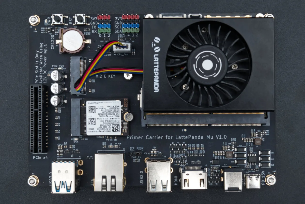 A top-down view of the LattePanda Mu in its Lite carrier board, showing the difference in form factor and peripherals.