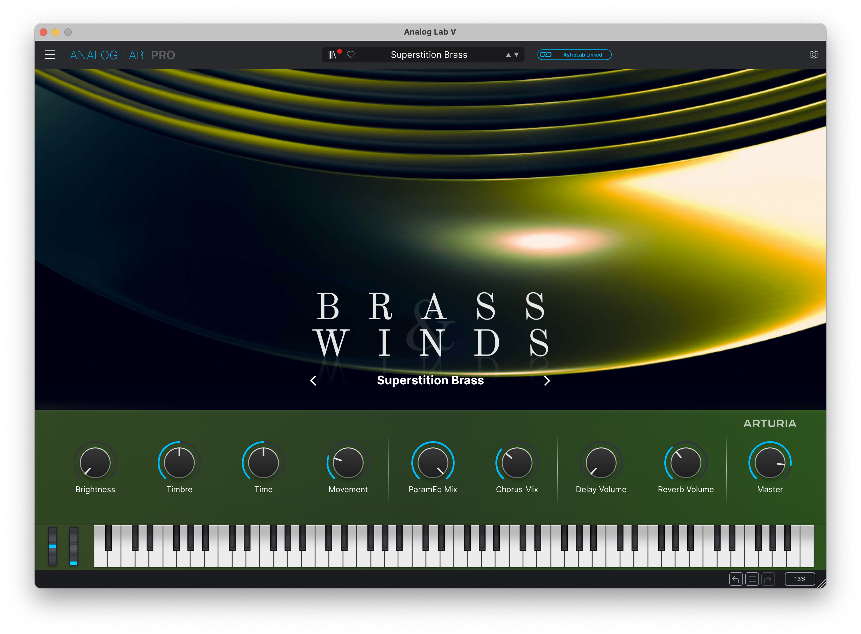 A screenshot of the Analog Lab software showcasing a preset named Brass Winds loaded. It's showcasing four parameter control knobs: Brightness, Timbre, Time and Movement.