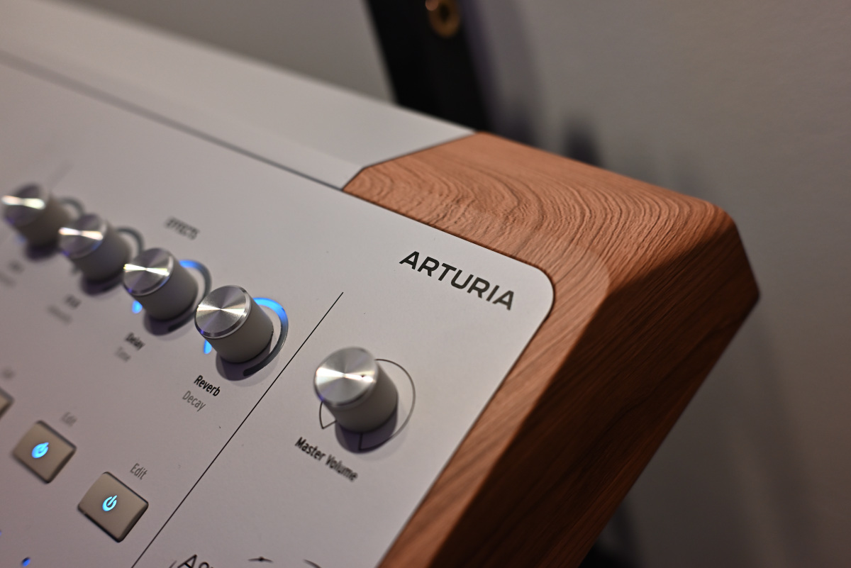 A close-up shot showing the Master Volume knob and Arturia's branding.