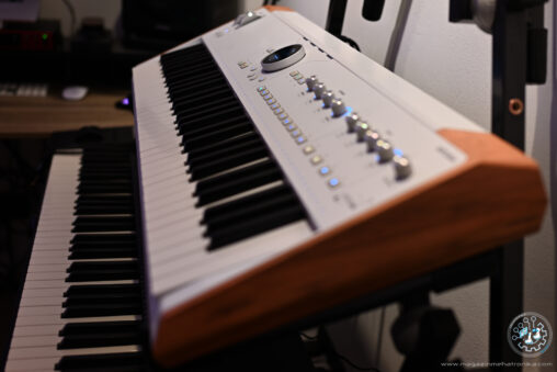 A profile shot of the AstroLab, showcasing the entire keyboard sitting in a studio environment.