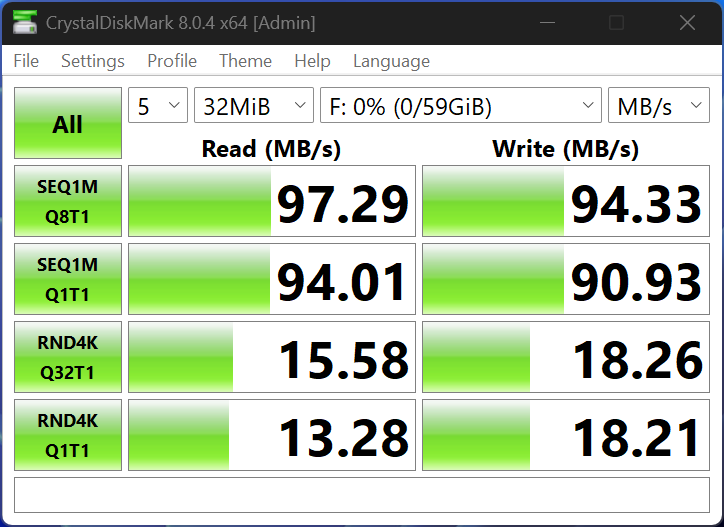 A screenshot of the CrystalDiskMark results of the larger 64 GB Raspberry Pi SD card.