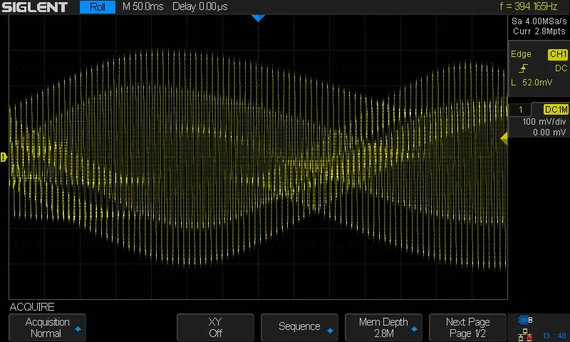 A zoomed-out oscilloscope screenshot showing the complexity of the OP-XY's axis engine.