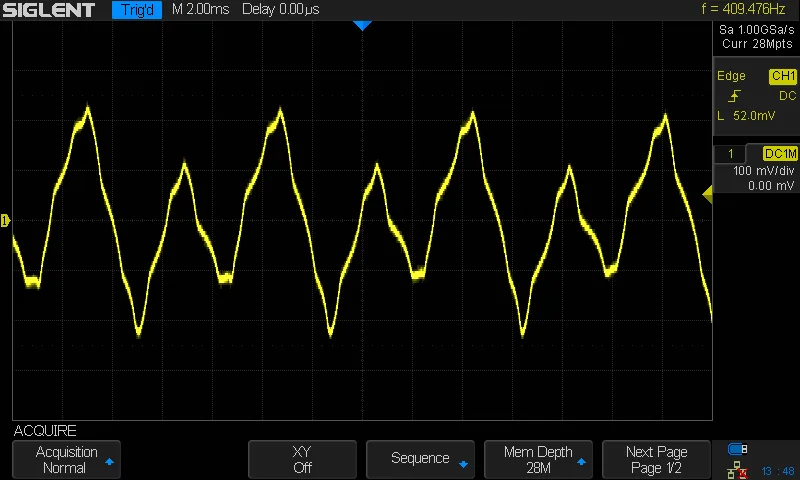 An oscilloscope screenshot of a modified triangle wave.