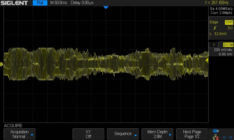 An oscilloscope shot of the "beating", further disturbed by more intense pitch variations in the two sine oscillators.