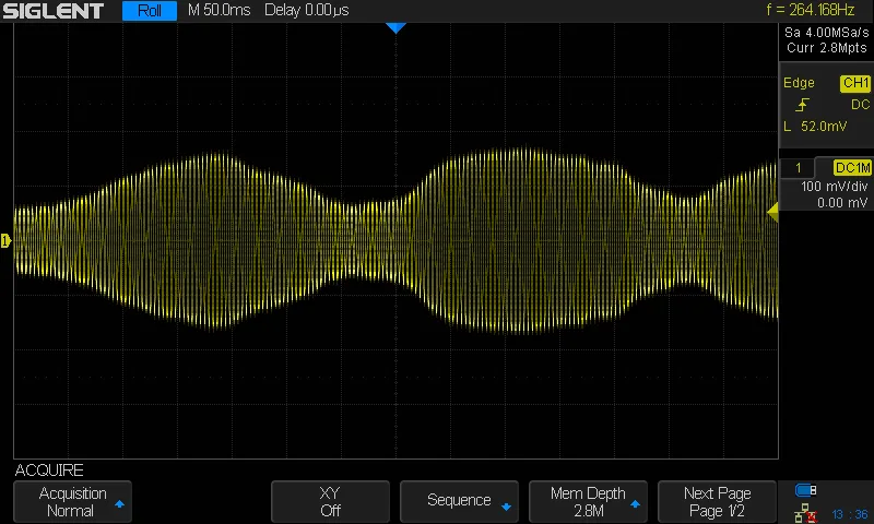 An oscilloscope shot of the "beating", now disturbed by random pitch variations in the two sine oscillators.