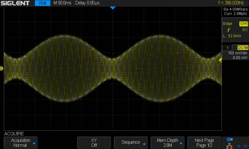 An oscilloscope shot of the "beating" caused by phase interactions of two detuned sine oscillators.