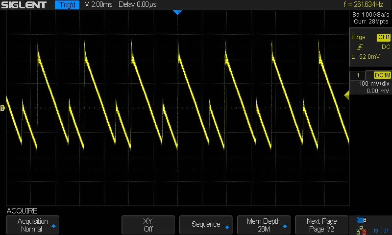 An oscilloscope shot showing a sawtooth wave with prominent oscillator syncing, with the sub-oscillator option enabled.