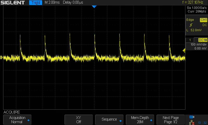 An oscilloscope shot showing a low-pass filtered sawtooth wave.