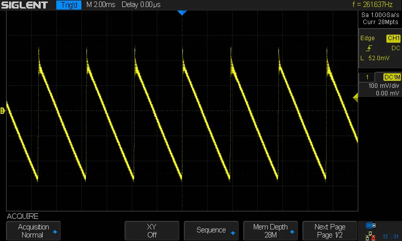 An oscilloscope shot showing a large sawtooth wave caused by the sub-oscillator being used without any pitch shift caused by oscillator sync.