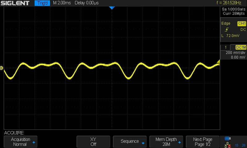 An oscilloscope shot showing a complex waveform obtained using the organ engine.