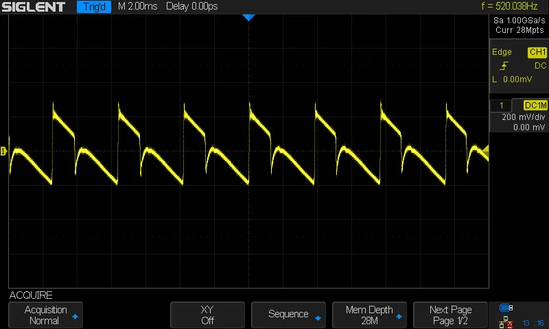 An oscilloscope screenshot showing a sawtooth wave with the stereo phaser applied.