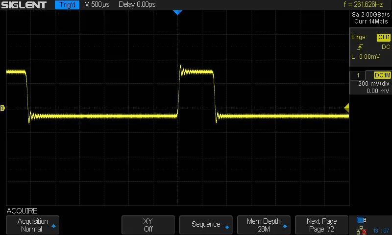An oscilloscope screenshot showing a square wave with PWM applied.
