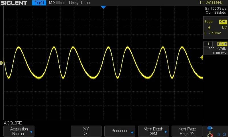 An oscilloscope screenshot showing FM of the signal.