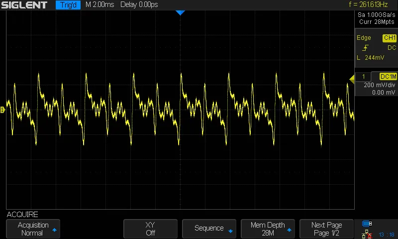 An oscilloscope view of a waveform selected from a wavetable.