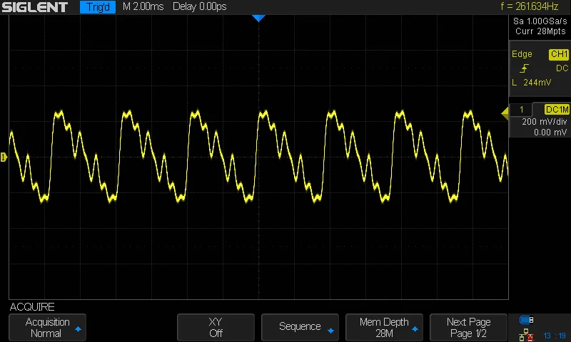 An oscilloscope view of yet another waveform selected from a wavetable.