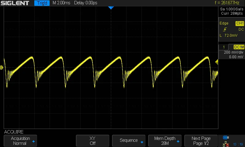 An oscilloscope view of a third waveform selected from a wavetable.