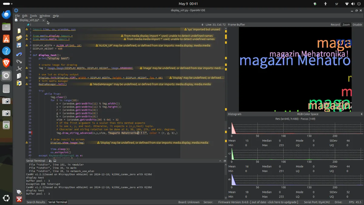 Another screenshot showing a graphical application being developed in the OpenMV IDE.