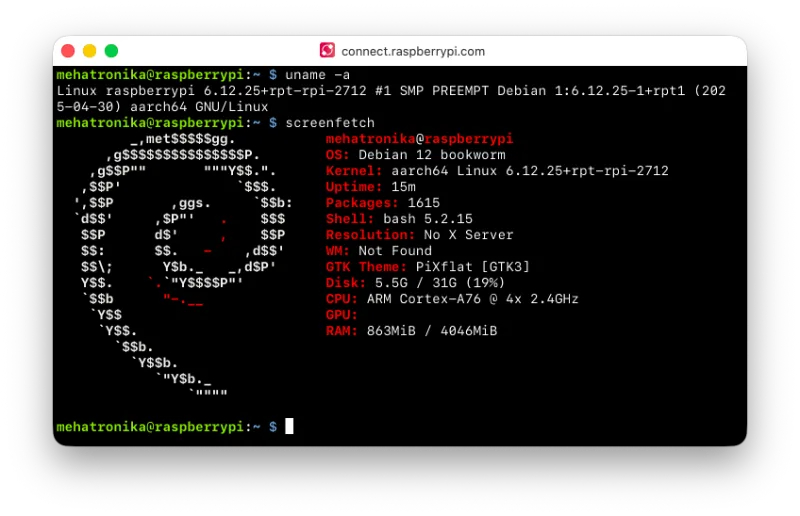 863 MiB umesto 632 MiB, jer je uključen Raspberry Pi Connect.