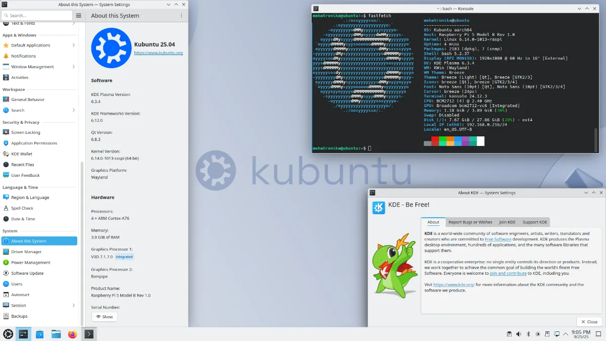 Kubuntu 25.04 ne podržava zvanično Raspberry Pi 5, već je potrebno malo hakovanja da se na Ubuntu 25.04 server nadogradi KDE Plasma desktop okruženje.