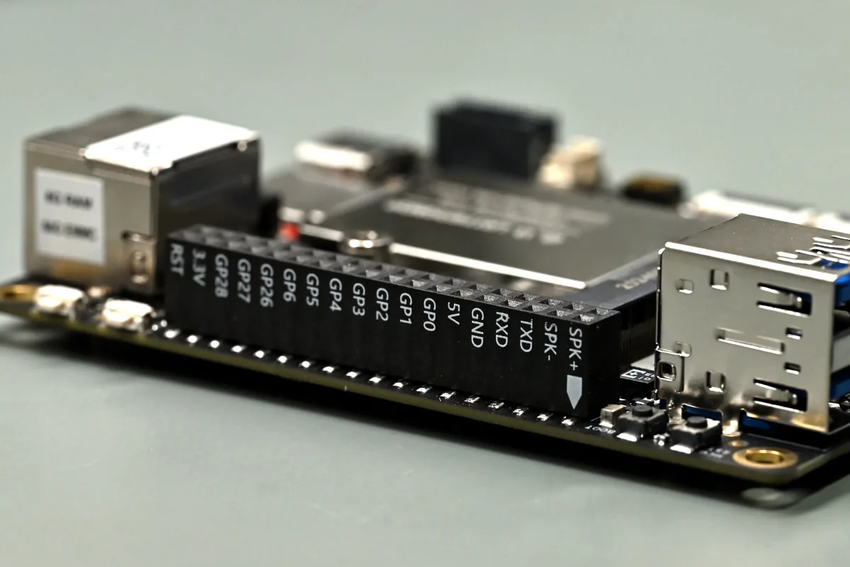A photo of the Arduino-style GPIO header of the LattePanda IOTA.