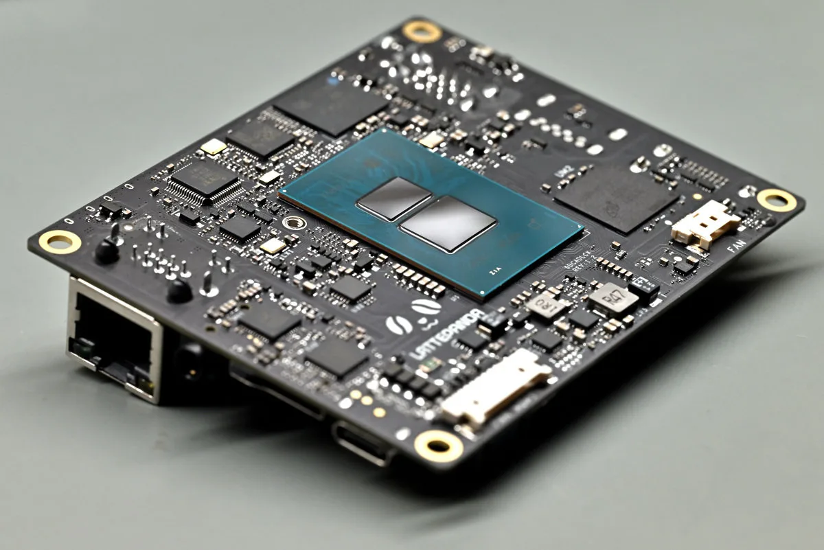 A photo of the Intel N150 CPU, showing the two dies that make up the package.