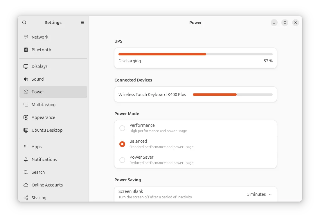 A screenshot showing Ubuntu not being able to recognize charging.