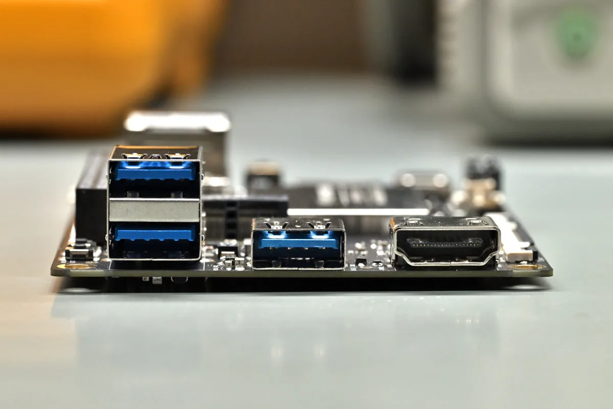 A photo showing the three USB-A ports, and the HDMI port of the LattePanda IOTA.
