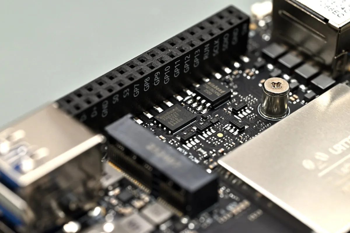 A photo of the circuitry located below the M.2 slot on the IOTA.